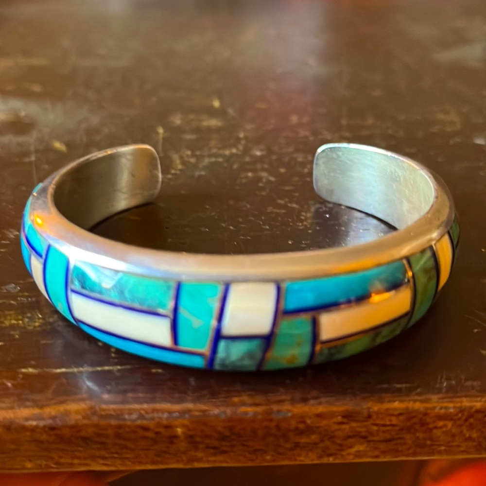 Vintage Native American Navajo Aaron Toadlena Turquoise Silver Inlay Bracelet - Picture 3 of 17